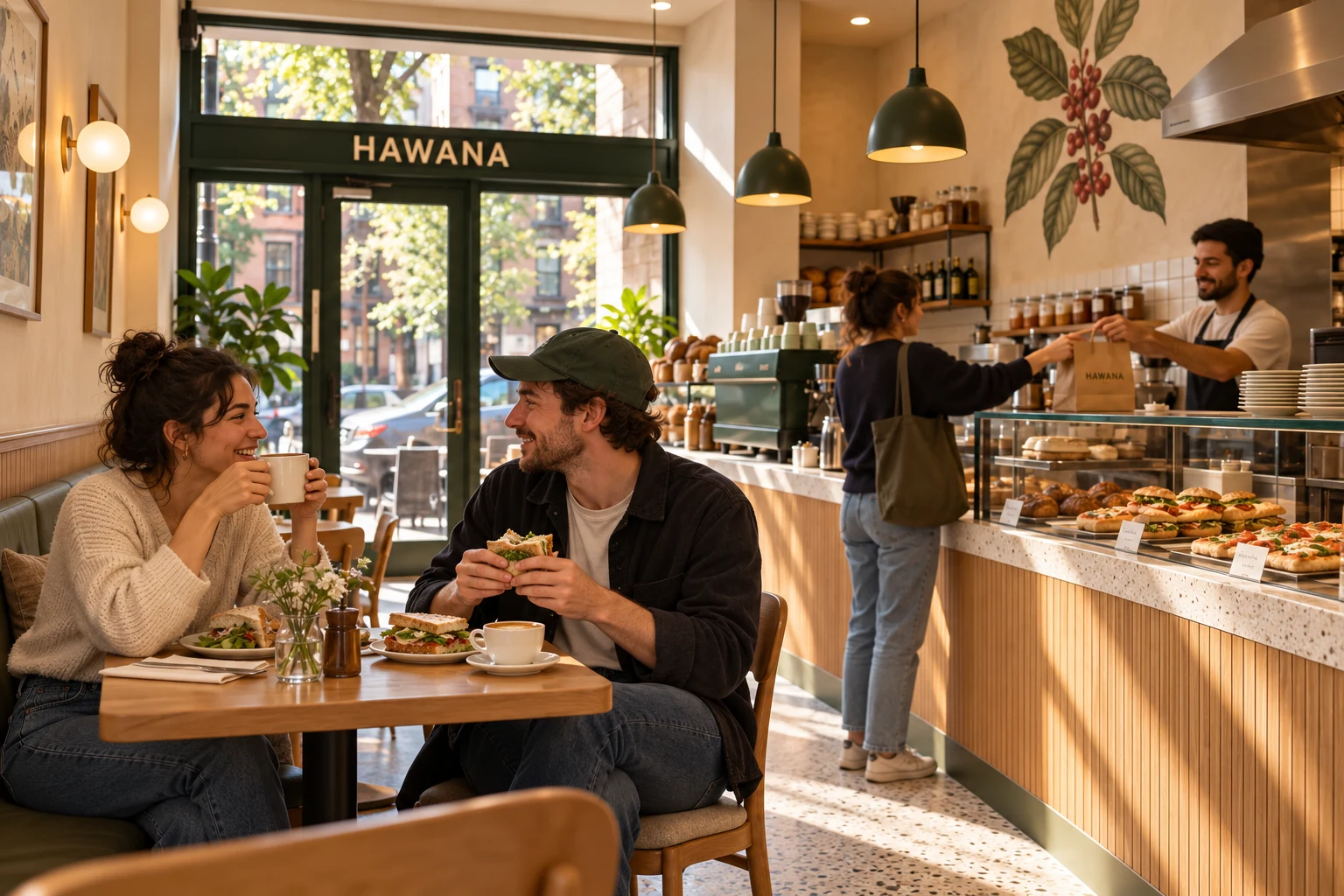 Illustration of neighbors sharing coffee and sandwiches in the HAWANA cafe concept