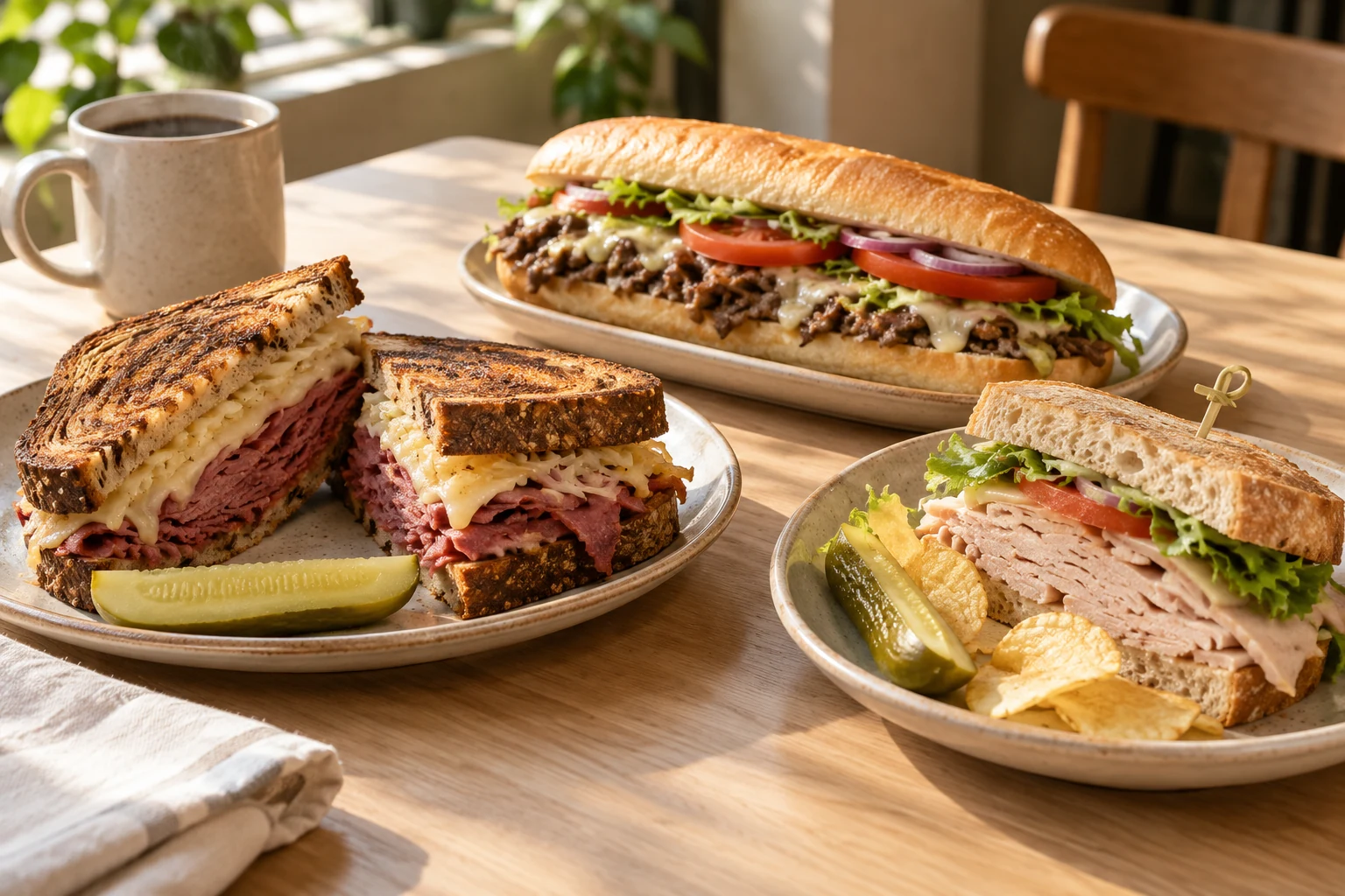 Freshly prepared deli sandwiches with pickles and chips