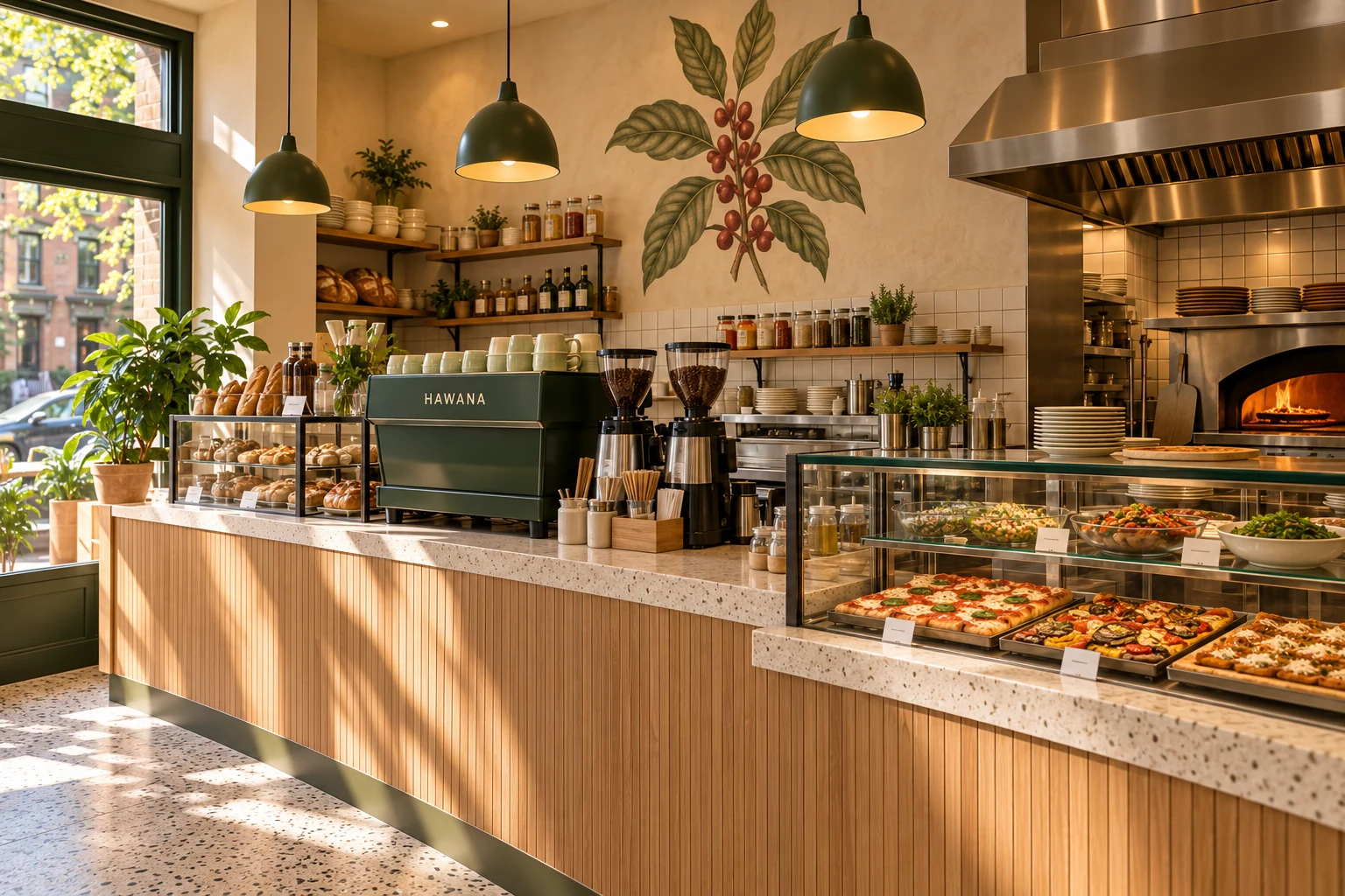HAWANA counter concept with coffee station, food display and coffee-tree botanical artwork