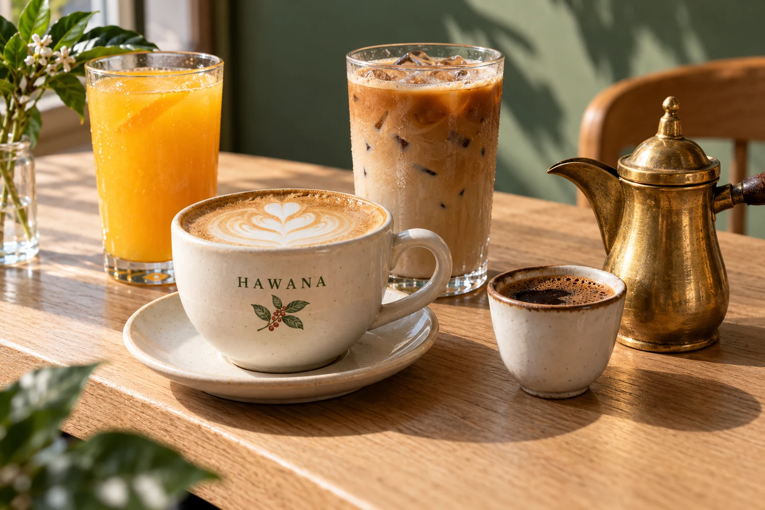 Latte, iced coffee, traditional coffee and fresh juice