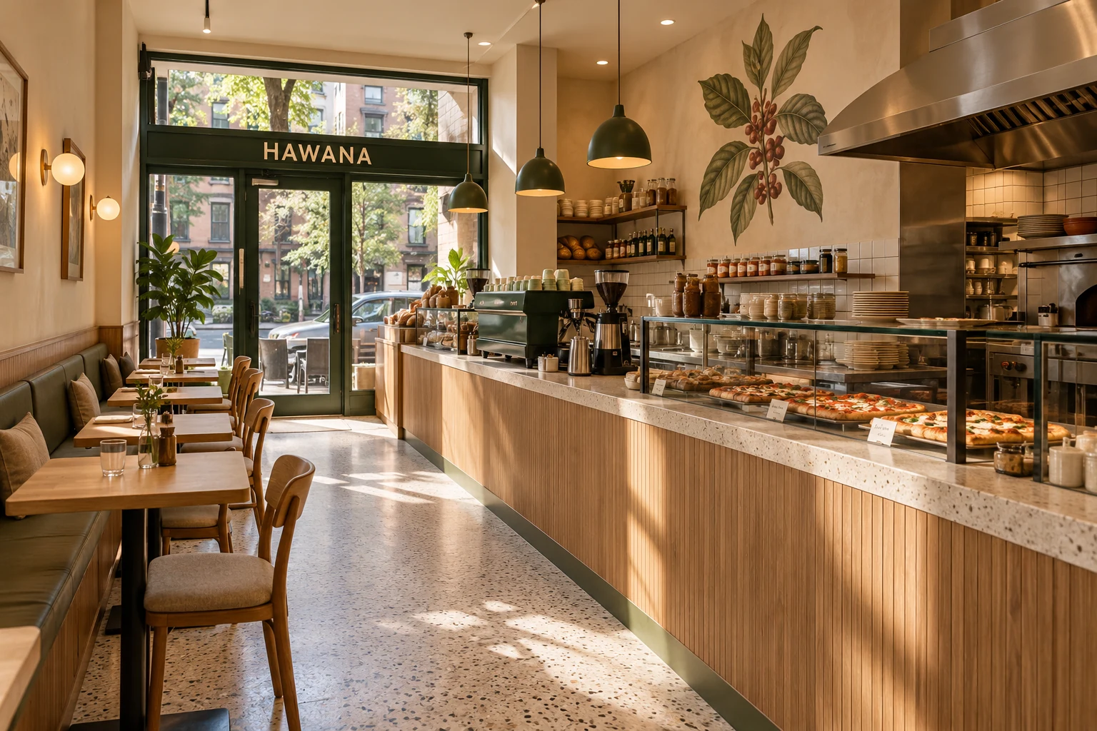HAWANA concept interior with light oak counter, cream finishes and coffee-tree artwork