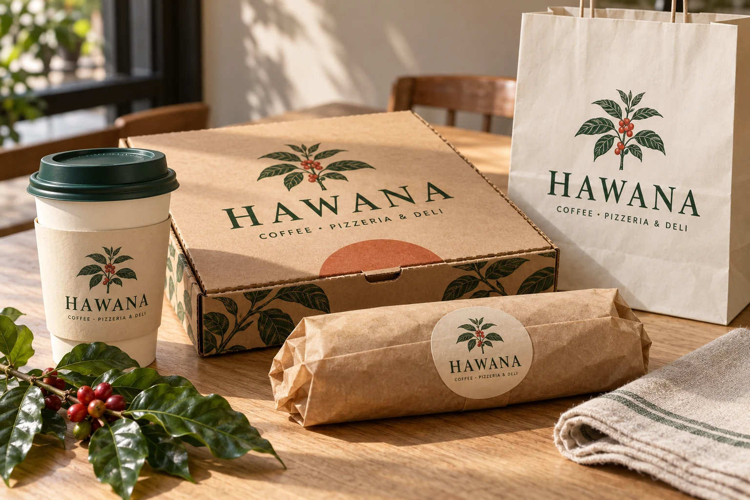 HAWANA coffee-tree identity on a cup, deli wrap, pizza box and paper bag