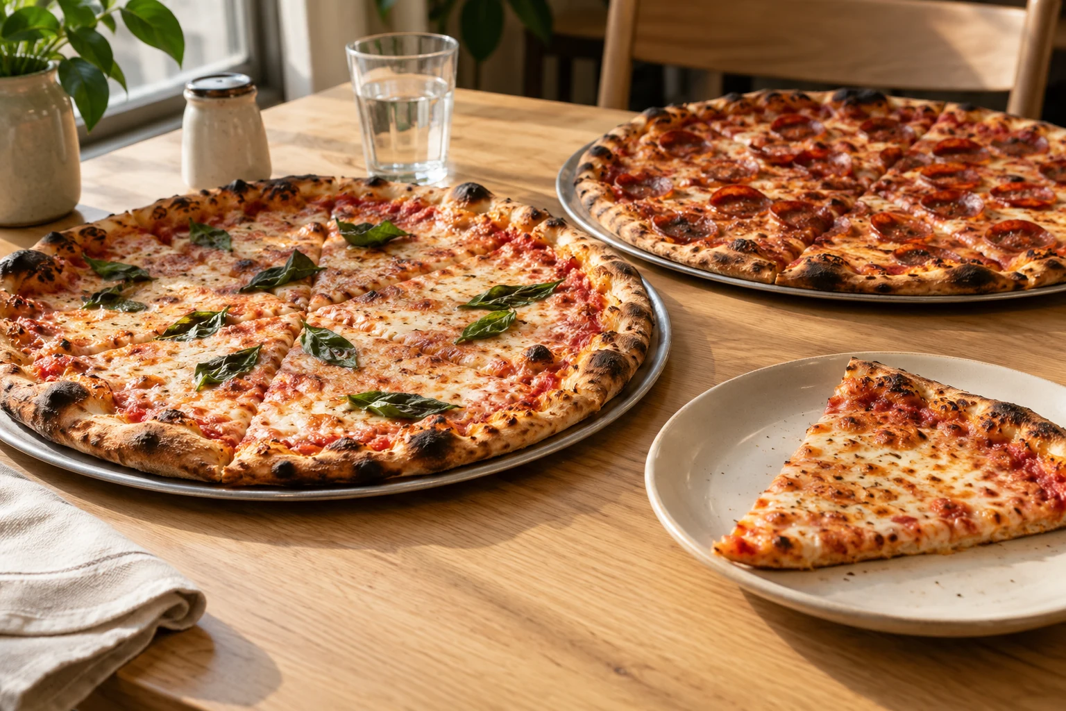 Cheese and beef-pepperoni pizzas with a slice on a ceramic plate